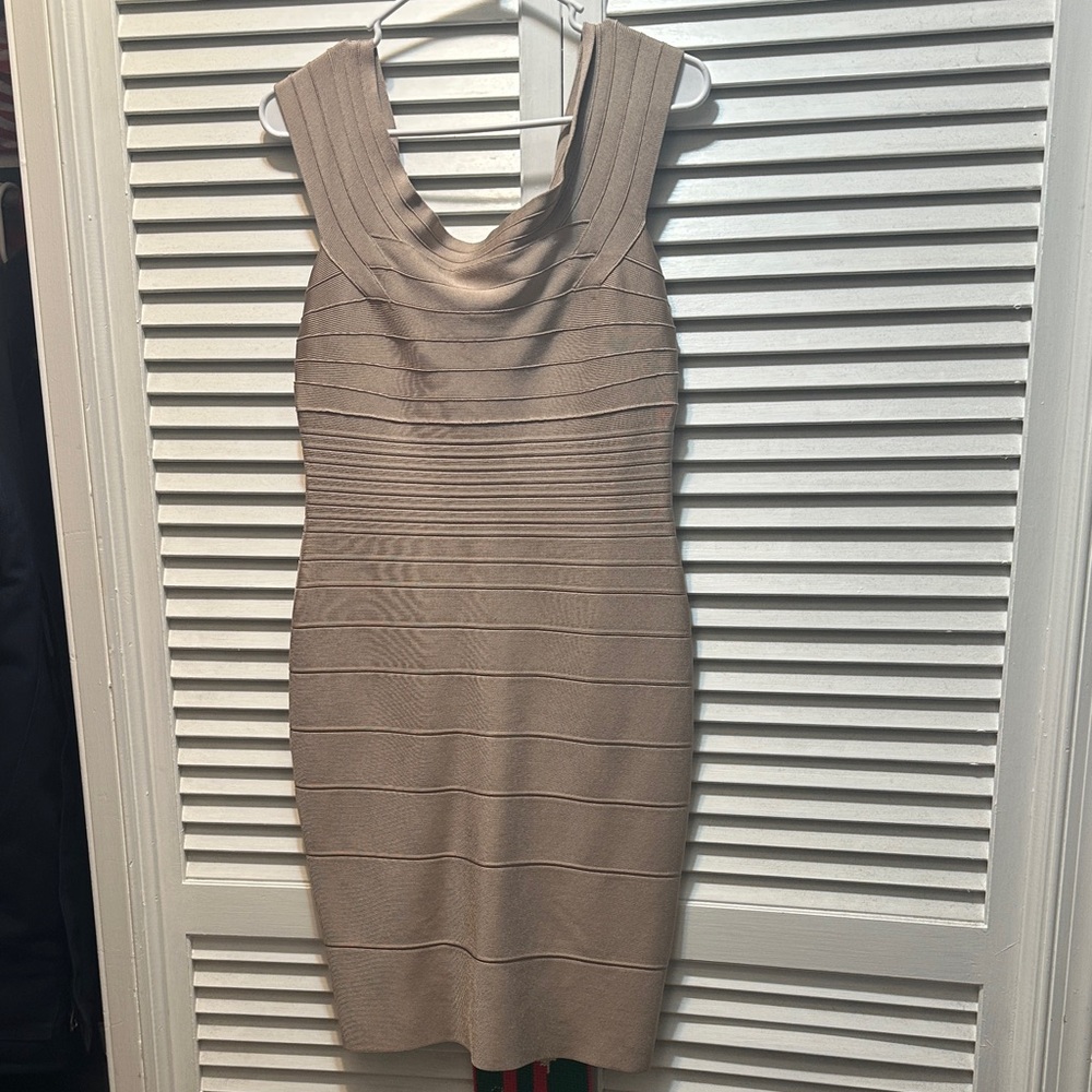 Herve Leger Tan Sleeveless Mini Dress Size L